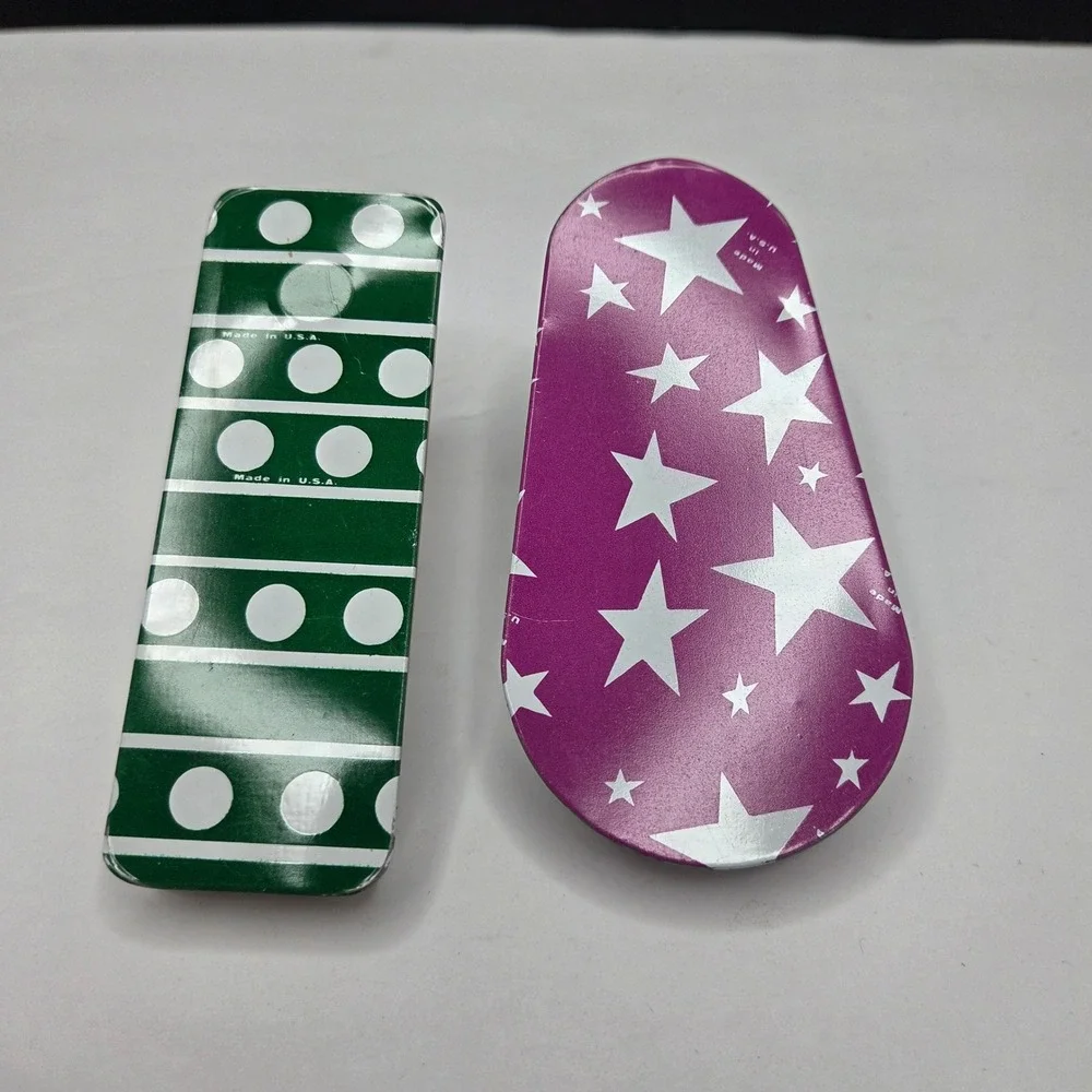 Vintage Metal Noisemaker Set Made in USA Stars Polka Dots Green Purple Retro Toy